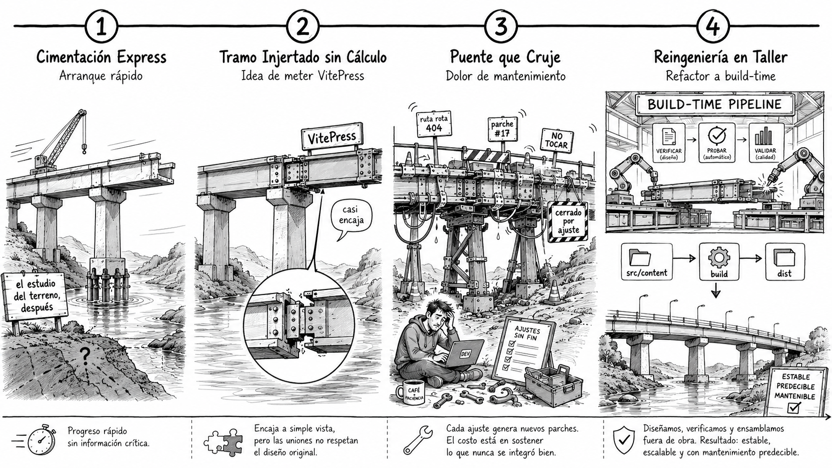 Timeline horizontal de cuatro hitos: arranque rapido, intento con VitePress, dolor de mantenimiento y refactor build-time.
