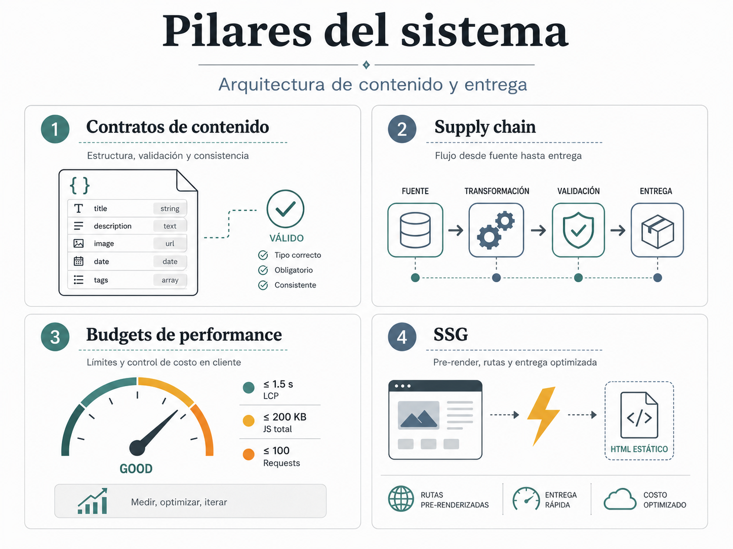 Infografia de pilares: contratos de contenido, supply chain, budgets de performance y SSG.
