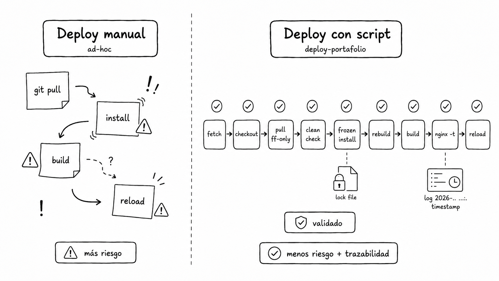 Pipeline de deploy con lock y validaciones.